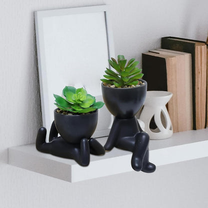 Zerzsy 3 PCS Cute Artificial Succulent Plants with Creative Ceramics Human Shaped Pots, Mini Potted Plants Black Bathroom Fakeplants, Faux Succulent Desk Decor for Home Office Shelf Decor