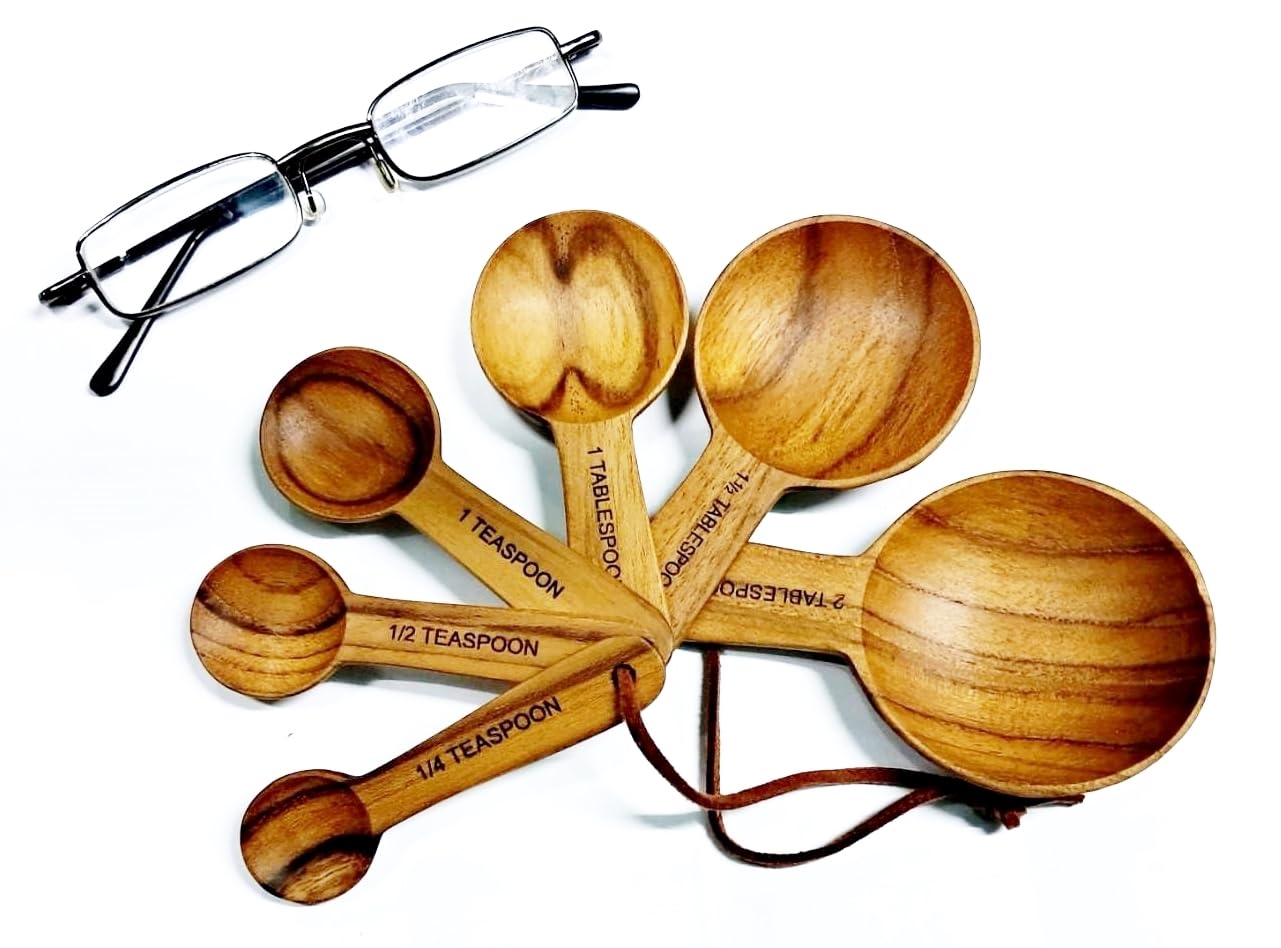Dolphin Shop - Genuine teak wood measuring spoon set, 6-piece handmade for tea, coffee, sugar, salt, seasonings, and baking
