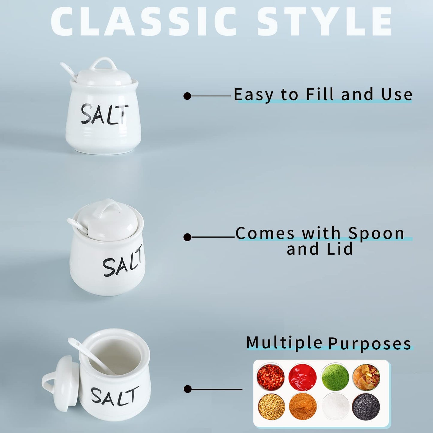 Salt and Sugar Bowls with Lid and Spoon -12 oz Ceramic Salt and Sugar Cellar Set, Salt and Sugar Containers, Spice Box for Counter, Farmhouse Kitchen Decor, White