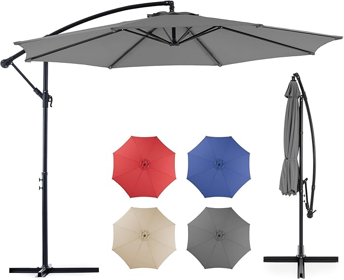 OLIXIS Offset Patio Umbrella, 9.7FT Cantilever Table Umbrellas for Outdoor Sun Shade UV Protection with Easy Tilt Adjustment, 8 Ribs for Backyard, Lawn, Garden, Pool - Grey