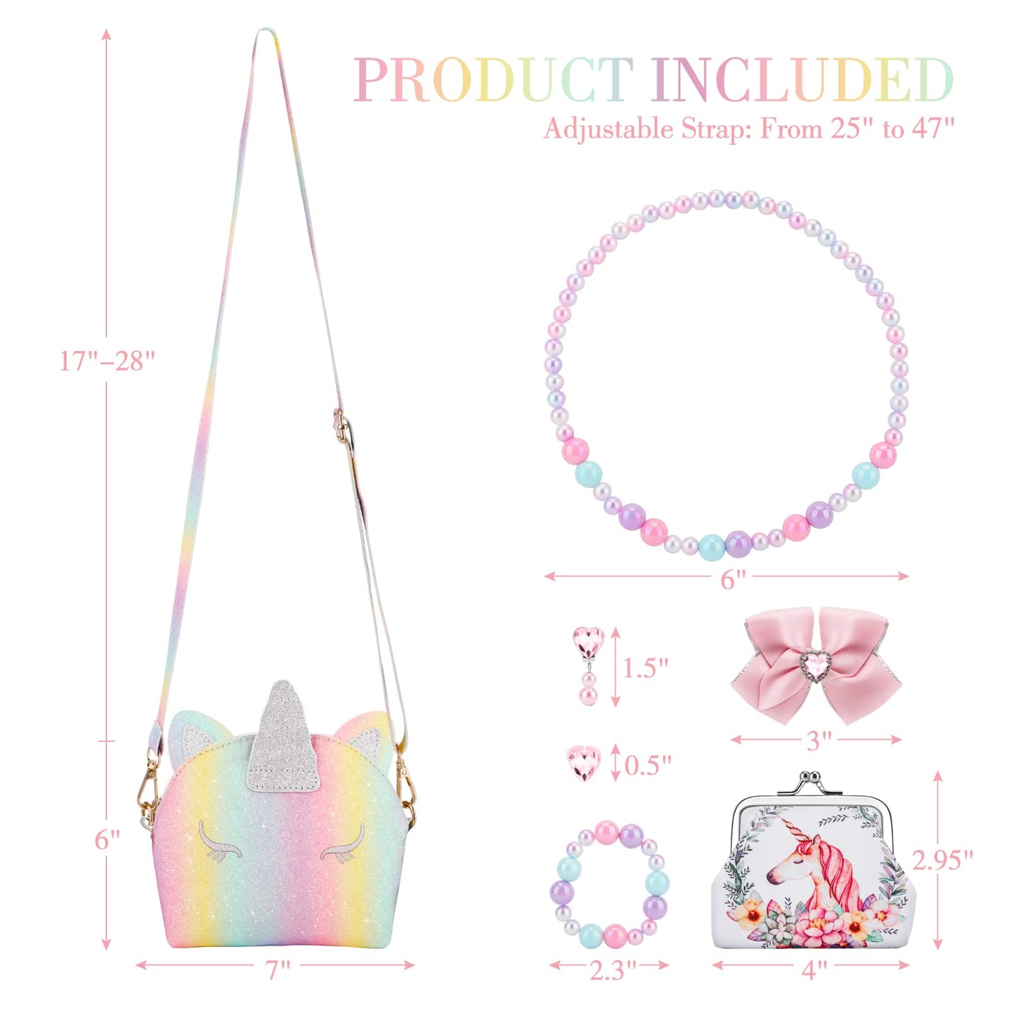 JYPS monedero unicornio para niñas, 7 monederos lindos para niños, bolsos cruzados con juego de joyas para niños, regalos de cumpleaños, juguetes de unicornio.