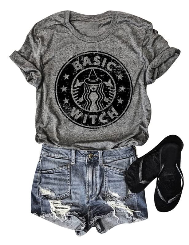 Halloween Shirts for Women Basic Witch Coffee Letter T Shirt Vintage Witches Graphic Tees Fall Halloween Party Tops