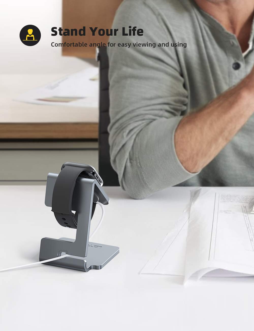 Lamicall Stand Suit for Apple Watch, Charging Stand : Desk Watch Stand Holder Charging Dock Station, Gift Compatible with Apple Watch Series SE 11/10/9/8/7/6/5/4/3/2/1, 44mm/42mm/40mm/38mm - Gary