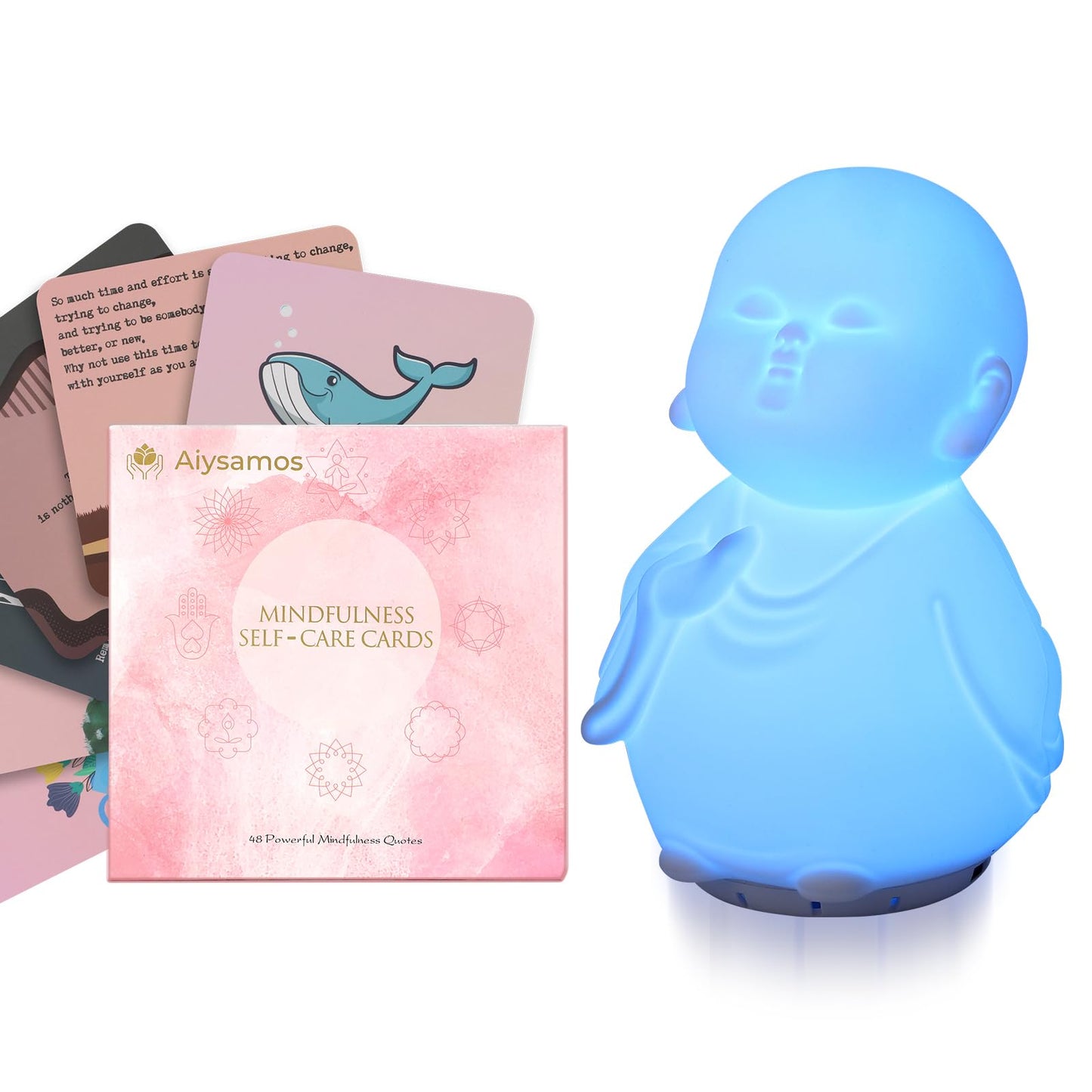 Mindfulness Tool Set with Guided Visual Meditation Breathing Lamp and 48 Positive Affirmation Cards, 3 in 1 Device with Night Light & Noise Machine, Self-Care Gift for Anxiety Relief and Relaxation