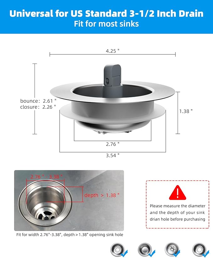 Hibbent Upgraded 2 Pack 3 in 1 Kitchen Sink Drain Strainer and Stopper Combo