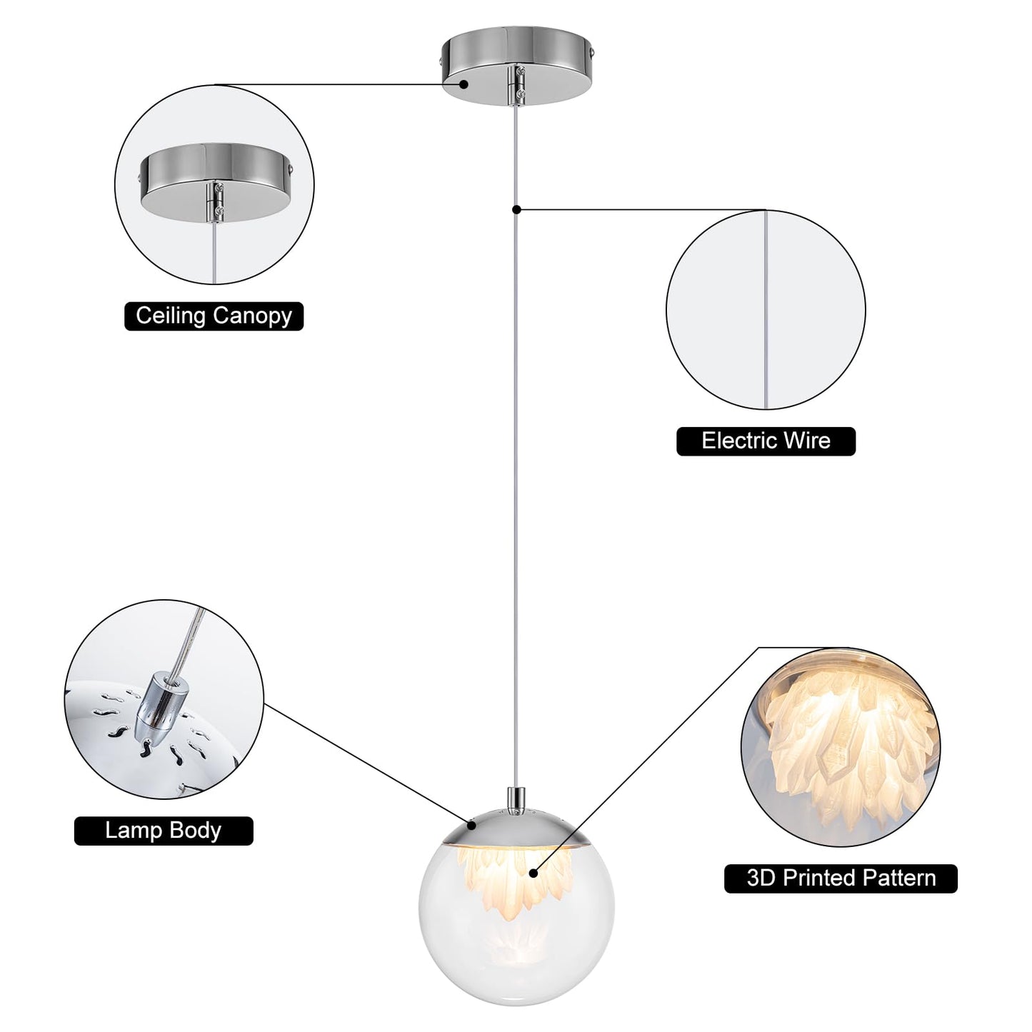 WILON 1 Light Globe Pendant Light Modern Led Ice Crystals Pendant Lights Chrome, 3D Printed 2700K-6000K Adjustable Galaxy LED Lamp for Bedroom,Restaurant,Hallway,Bar (1 Light)