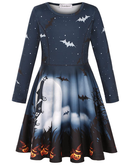 Quedoris Girls Twirly Printed Casual Party Long Sleeve Halloween Dress Bat Night L