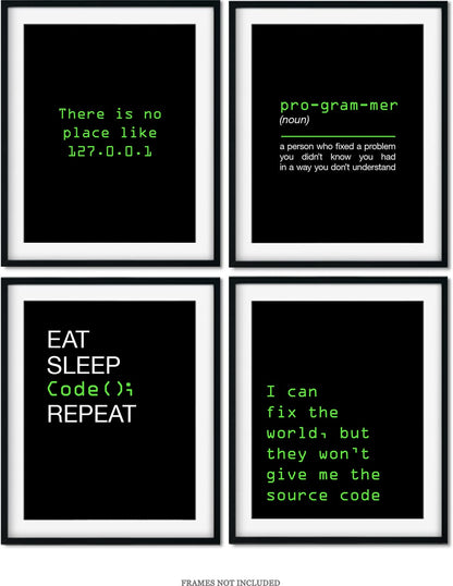 Govivo Office Decor - Computer Science Art - Set of 4 Geek Wall Art - Fun Gift For ICT Teacher, Student, Coding Nerd, Computer Programmer, Dad - 11x14 unframed print