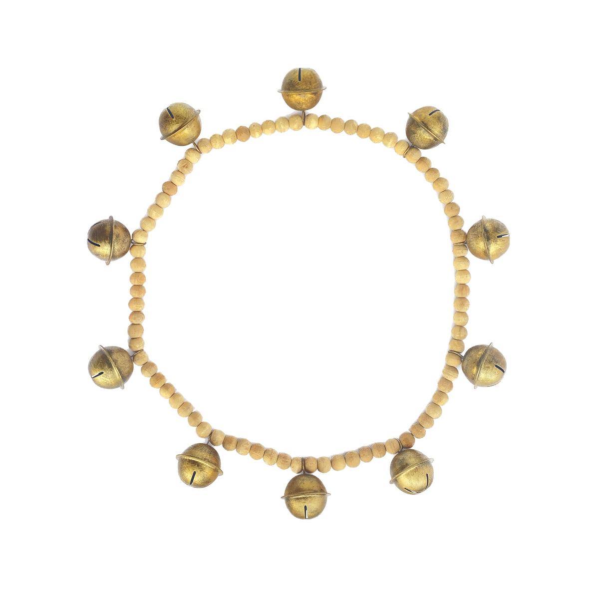 Creative Co-Op Wood Bead and Metal Bell Garland, Natural and Antique Gold Finish