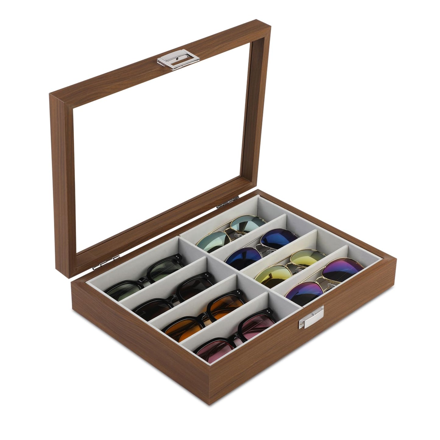 Baojulong Wooden Sunglasses Organizer Box, Eyewear Display Eyeglass Case for Men Women, Glasses Storage Box Sunglass Holder Gifts (8 Slots)