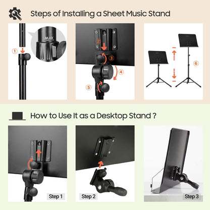 CAHAYA Music Stand for Sheet Music - Dual-use Converts to Desktop Stand Portable& Foldable 31.4-57in Height Adjustable Sturdy to Holds Thick Book or Tablet Include Carrying Bag Sheet Music Folder Clip