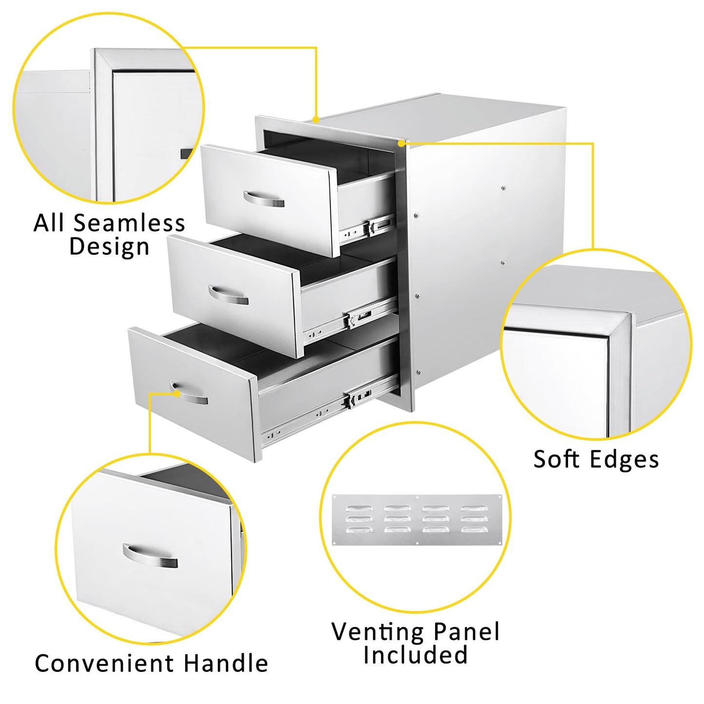 GAOMON Outdoor Kitchen Drawers Stainless Steel Triple Access, BBQ Storage Cabinet with Paper Towel Holder, Weatherproof 304 SS Flush Mount for Grill Station Patio Island