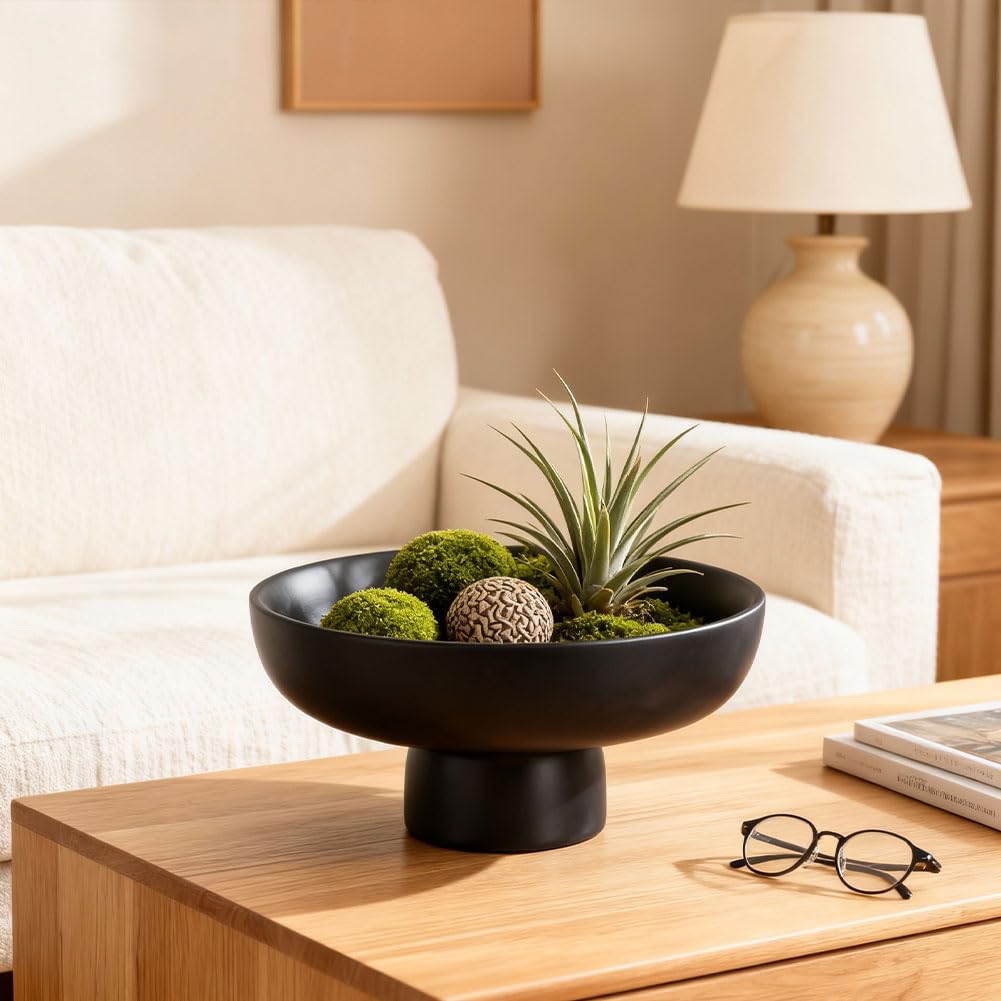 QIANLING Black Pedestal Bowl for Home Decor - Matte Black Resin Decorative Fruit Bowl for Kitchen Counter, Coffee Table or Entryway, Modern Centerpiece Bowl for Keys, Candy (Black)