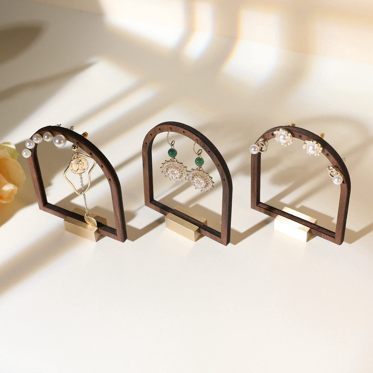 GemeShou 3pcs Wooden stud earring organizer holder, walnut earring hangers with brass base, Small Cute earring display for selling with 9 holes for each【Arch frame-3pcs】