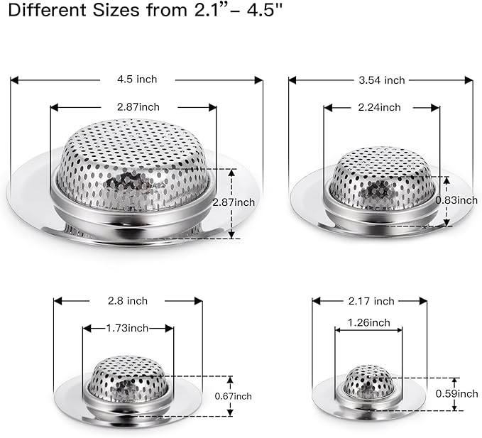 4 Pack Heavy Duty Stainless Steel Kitchen Sink Drain Strainer, Bathroom Hair