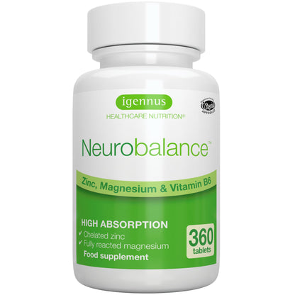 Igennus Neurobalance, High Absorption Zinc Picolinate 24mg, Magnesium & B6 for Adults & Kids, Clean Label, Brain Function, Sleep Aid, Muscle Recovery, Chelated, Vegan, 360 Tablets, 90-360 Servings
