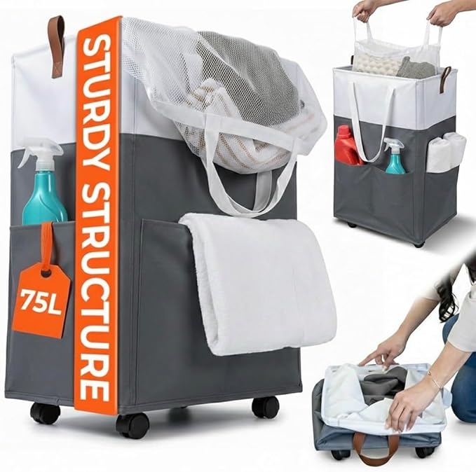 Laundry Basket with Wheels – Foldable, Space-Saving, Fabric Slim Laundry Hamper