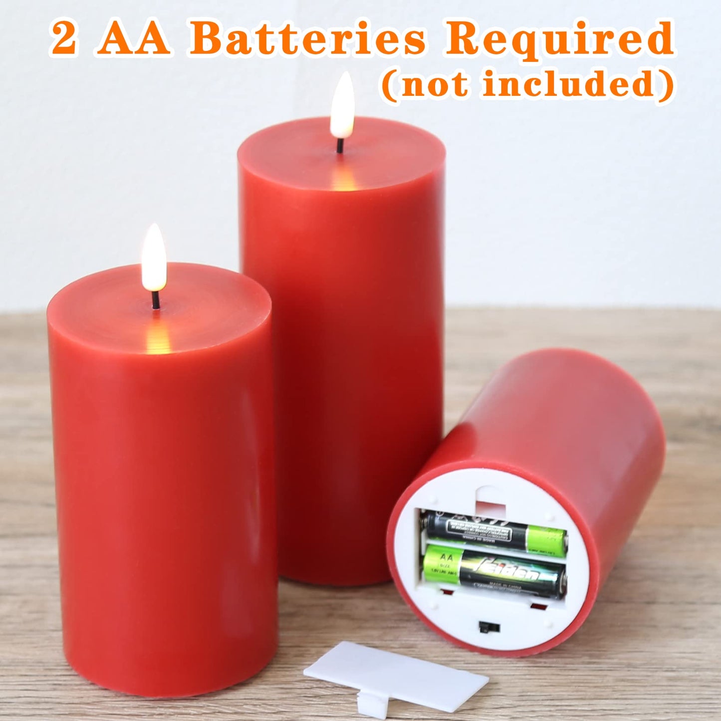 Girimax Red Flameless Pillar Candles with Remote, Christmas LED Candles Set of 3, Flickering Wax Battery Electric Candles Decor