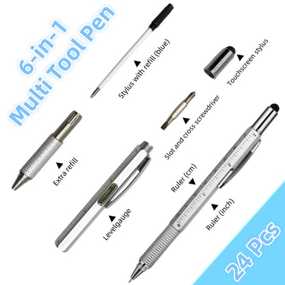 Limxia 24 Pcs 6 in 1 Multitool Pen, Gifts for Men Fathers Day, Christmas Gifts for Men and 24 Pcs Blue Replacement Refills, Silver