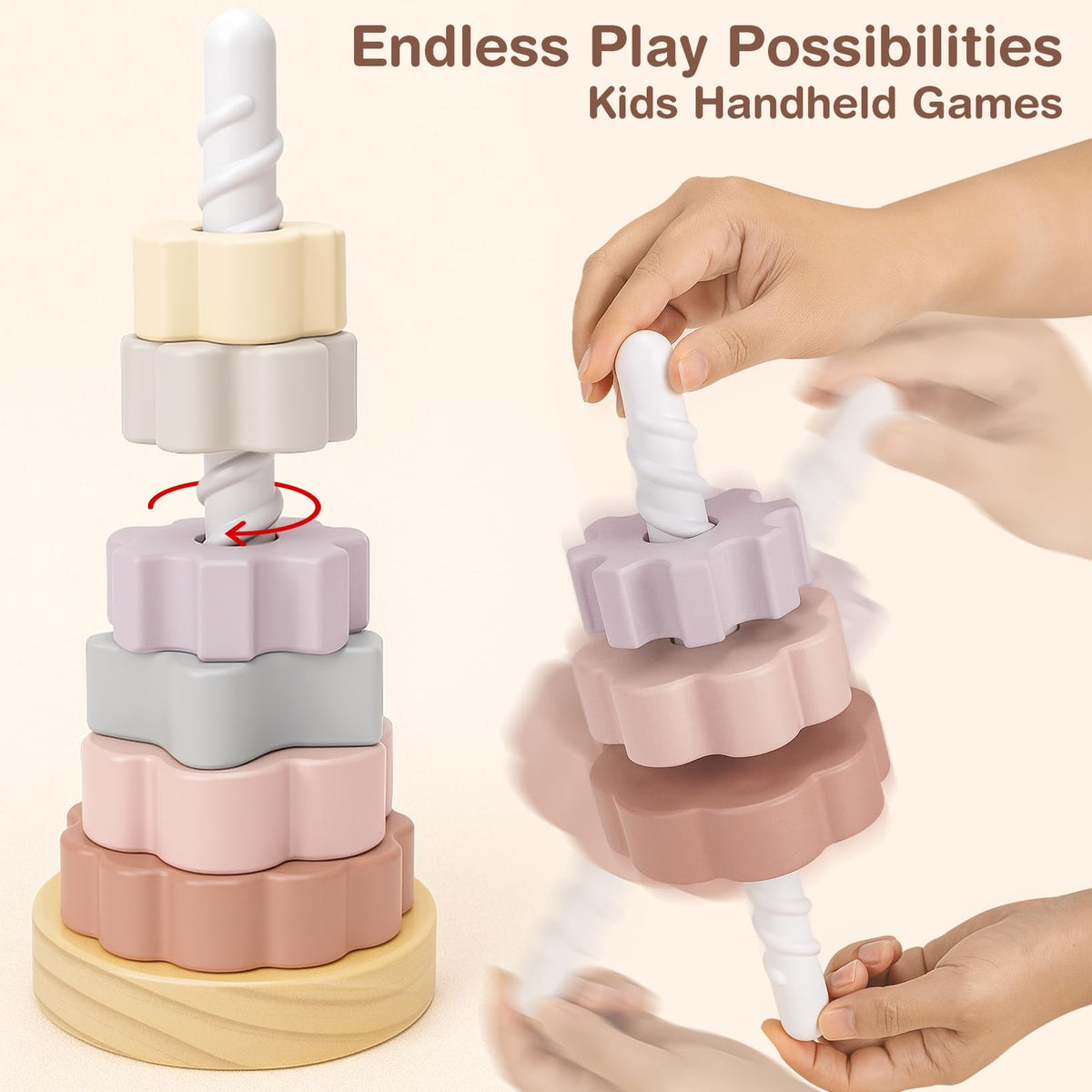 Joyreal Wooden Spinning Stacking Toys, Neutral Ring Stacker Montessori Toys for Toddlers 1-3, Christmas Birthday Gifts for Boys Girls