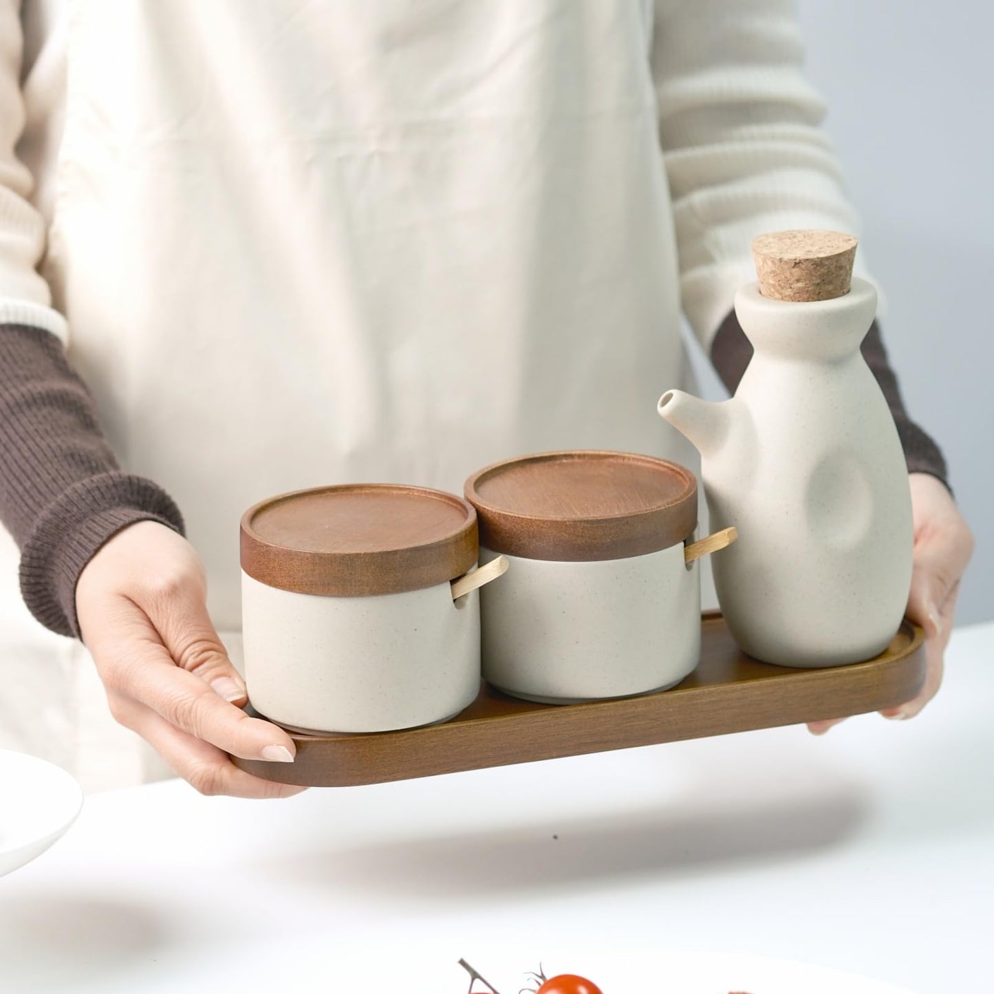 Mavolico 3 Pack Ceramic Spice and Soy Sauce Dispenser Set with Acacia Wood Lid, Complete with Sugar Salt Containers, Spoons and Wooden Tray for Kitchen and Dining