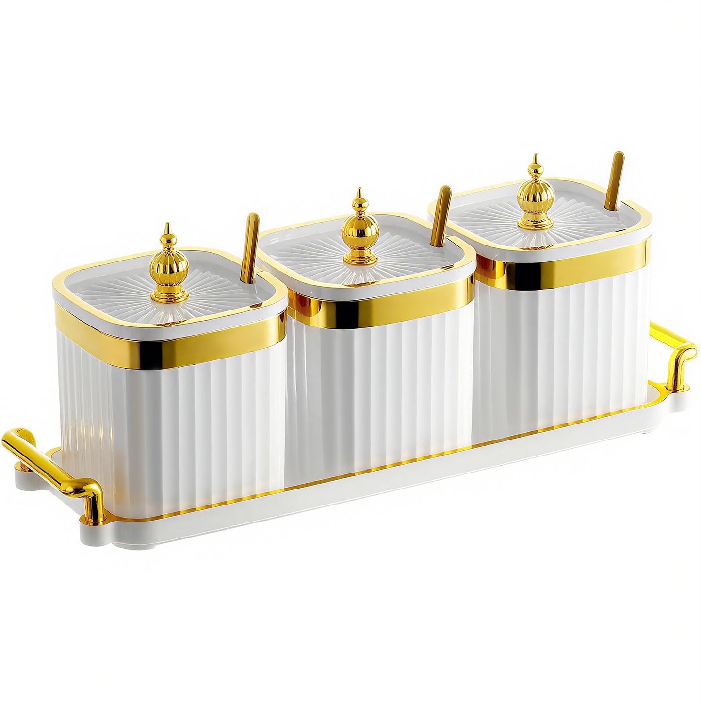 EABOSON 3 Pack Gold Condiment Spice Jars with Lids, Spoons, Tray - Plastic Seasoning Box Set for Salt, Pepper, Sugar - Kitchen Storage
