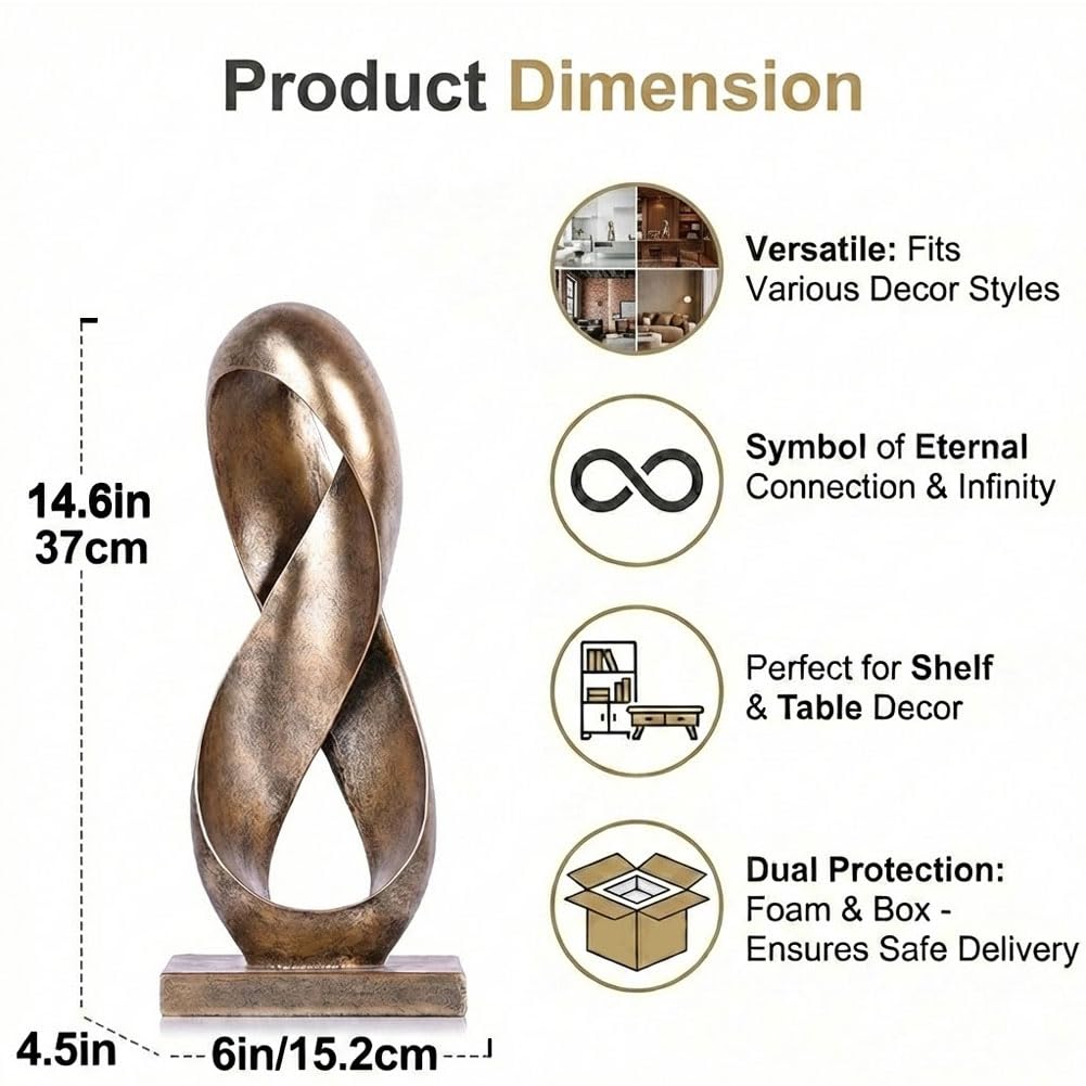 14.6" Tall Abstract Bronze-Finish Knot Sculpture, Modern Resin Infinity Loop Statue, Modern Tabletop Decor for Coffee Table, Bookshelf, Mantel, Entryway, Living Room Office Accent Centerpiece