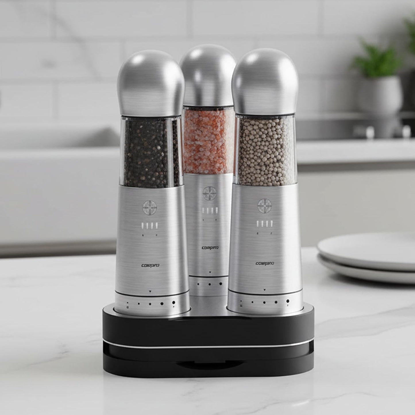 ICE ARMOR Electric Salt and Pepper Grinder, Set of 3 with Wireless Charging Base, Stainless Steel, Rechargeable Automatic Pepper Mill, Adjustable Coarseness, Easy to Use & Clean, Perfect Kitchen Gift