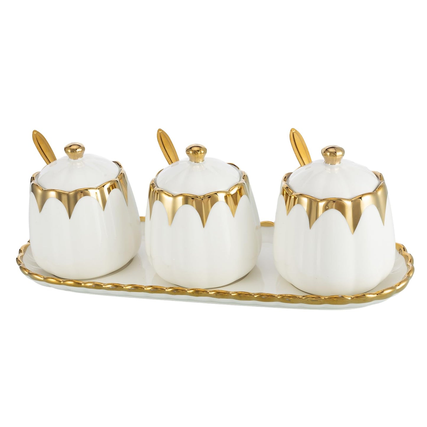 Milky Way Set of 3 Ceramic Condiment Pots Sugar Bowl,Porcelain Sugar Holder with 1Tray, Lid and Spoon Salt Container Modern Seasoning Jars for Counter Home and Kitchen (White gold)
