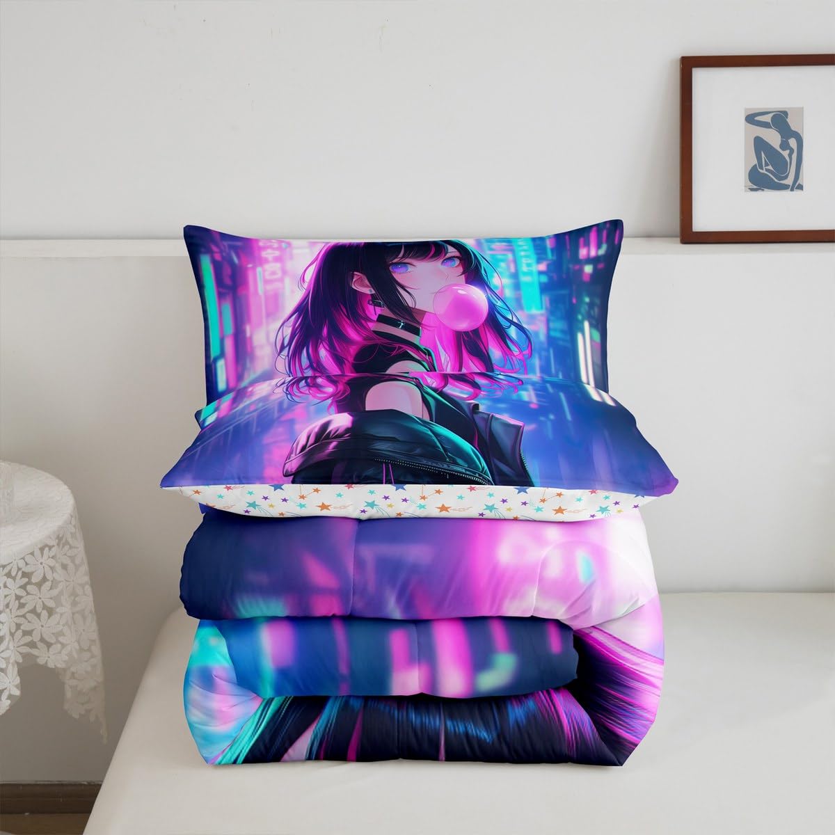 Erosebridal Anime Girl Comforter Set Full Size, Kawaii Japanese Anime Quilt for Kids Boys Teens Adult, Cartoon Girl Bedding Set Japan Animation Bedroom Decor, Machine Washable, Lightweight