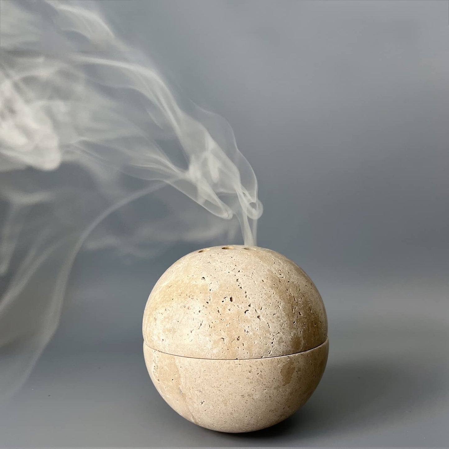 SAIDKOCC 9 Holes Handmade Natural Marble Round Incense Burner Holder for Meditation Decorative Room/Kitchen/Coffee Shop (Beige Travertine Stone)