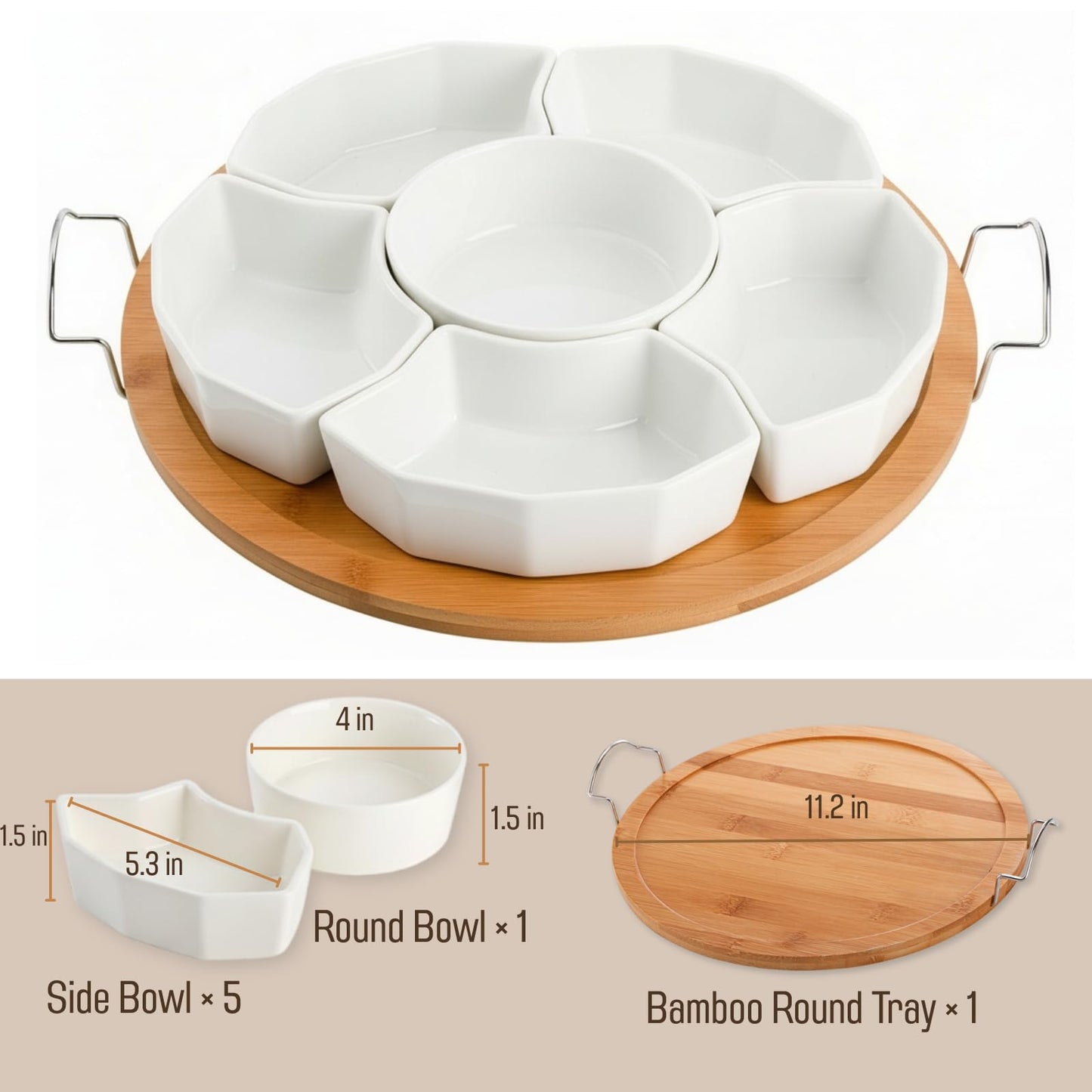 ZENFUN Chip and Dip Serving Set, 11'' Divided Serving Platters Tray for Party, 6-Compartment Removable Appetizer Snack Dishes, Round Sectional Serving Platter for Fruits, Condiment