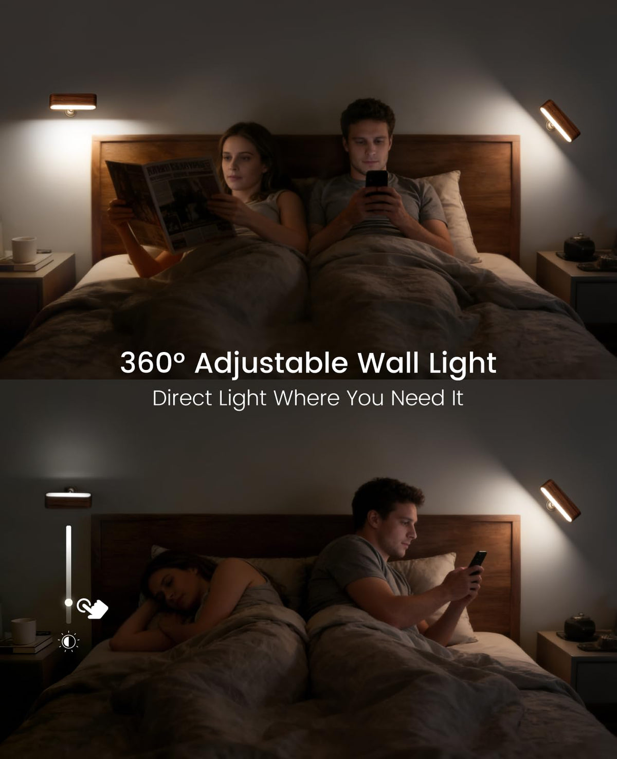 Wood LED Wall Sconce Magnetic 360°Rotate Mounted Mini Lamp Brightness Adjustable Nightlights Rechargeable Battery Powered Reading Light for Bedside Hallway Living Room Black Walnut Set of 2