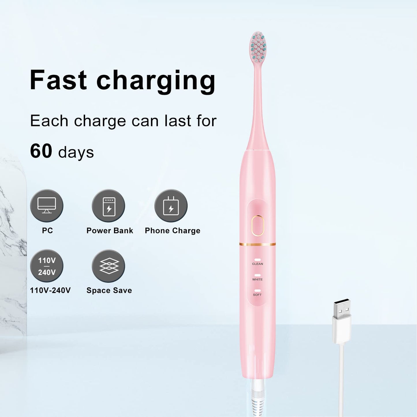 Electric Toothbrush Set, Comes with 8 Brush Heads & Travel Case,4 Modes with 2 Minutes Built in Smart Timer, One Charge for 60 Days, 42000 VPM Motor (Black)