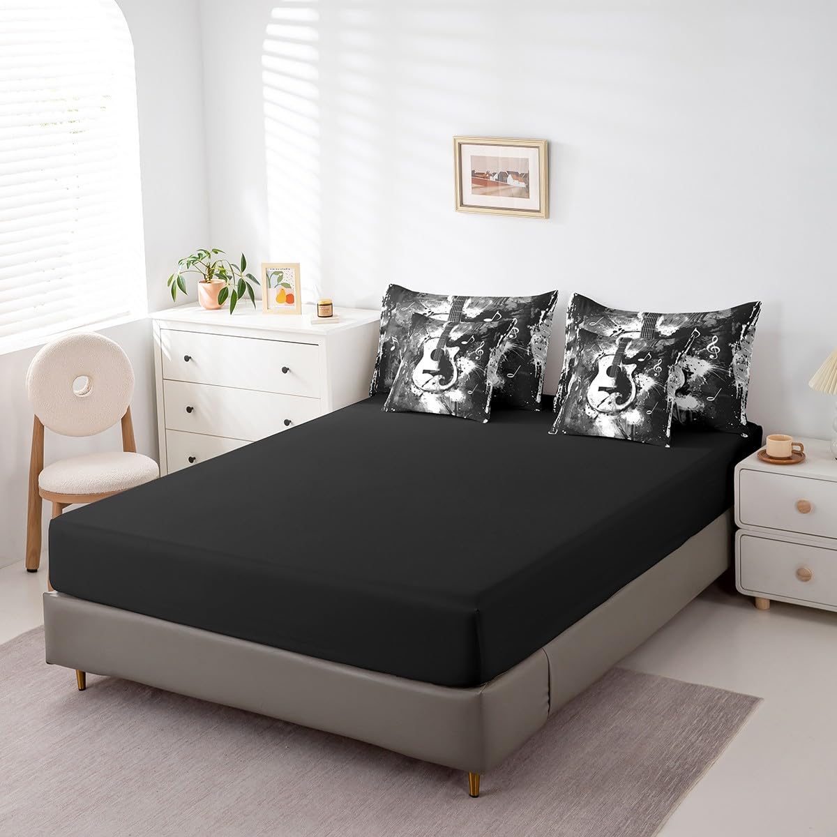 Feelyou Guitar Comforter Set with Sheets Queen Size Rock Music Bed in a Bag for Boys Girls Teens Black Gray 7 Pieces Bedding Set Soft Lightweight Microfiber