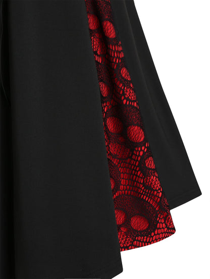 DRESSFO Summer Lace Up Cross Back A Line Gothic Sundress Skull Lace Godet Dress for Women (Black Red/1X)
