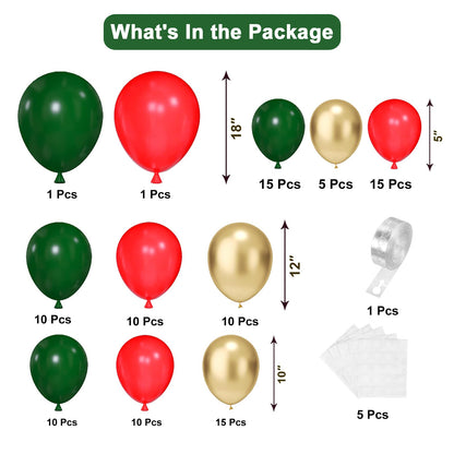Christmas Balloons Arch Kit, 102pcs Red Green Gold Balloons Difference Sizes Latex Balloons with 16ft Tape Strip & Dot Glue for Christmas, Birthday Party Decoration