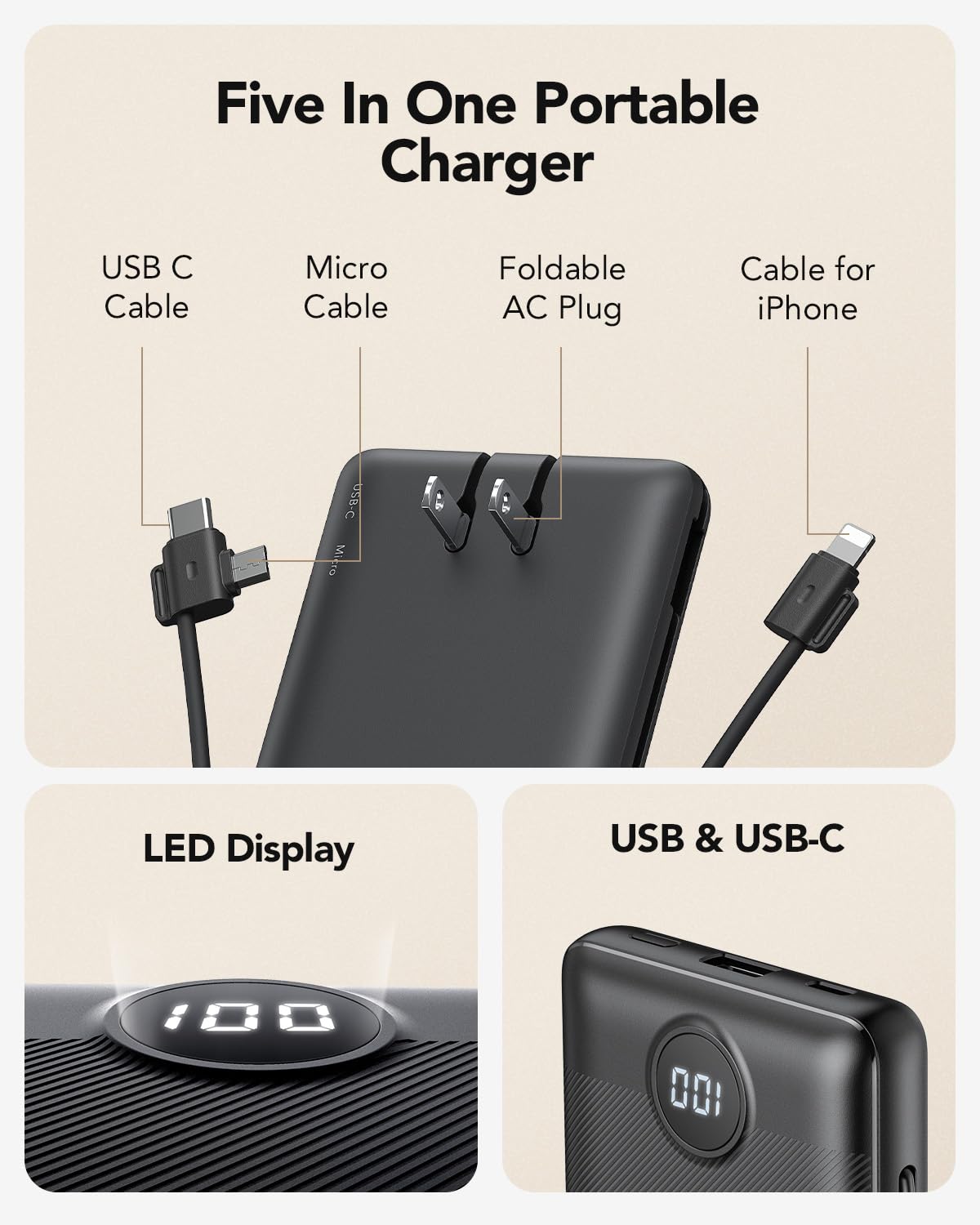 VRURC Portable Charger Built-in Cables and AC Wall Plug, USB C Power Bank 10000mAh, Travel Essentials Phone Charger Compact Lightweight External Battery Pack for Smart Phones, Tablets etc-Pink