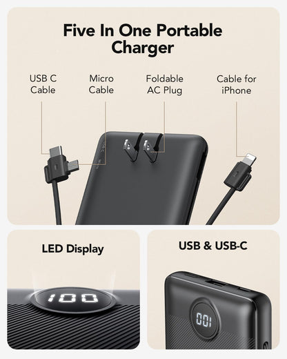 Portable Charger,Power Bank Built-in Cables and AC Wall Plug,VRURC USB C Portable Bank 10000mAh,Travel Essentials Phone Charger Compact Lightweight External Battery Pack for Smart Phones,Tablets-Black
