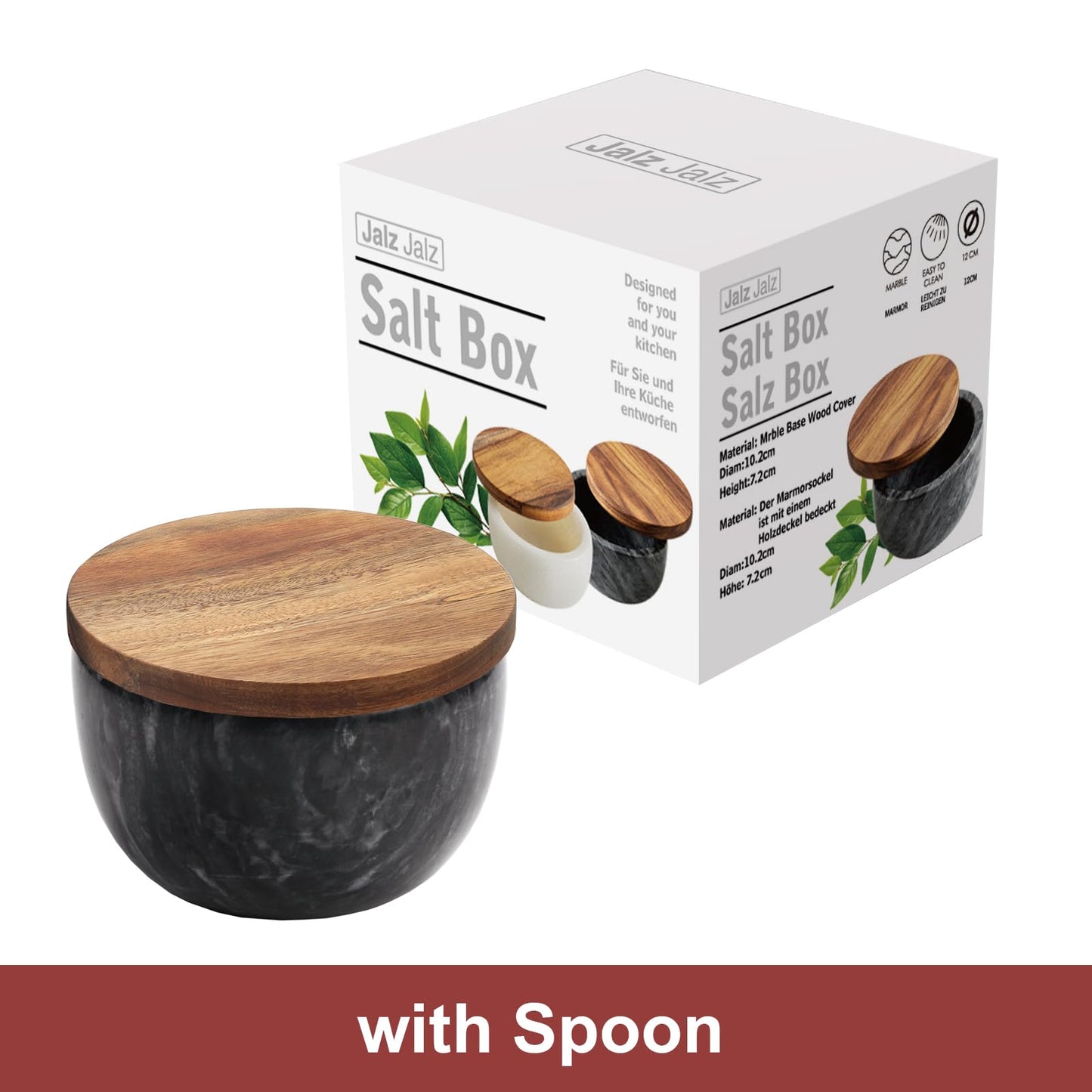 jalz jalz Salt Box Salt cellar with spoon Black Marble Base Natural Acacia Top Decorative Boxes Spice Seasonings Keeper Salt Container Elegant Design Salt Cellar Spice Cellar