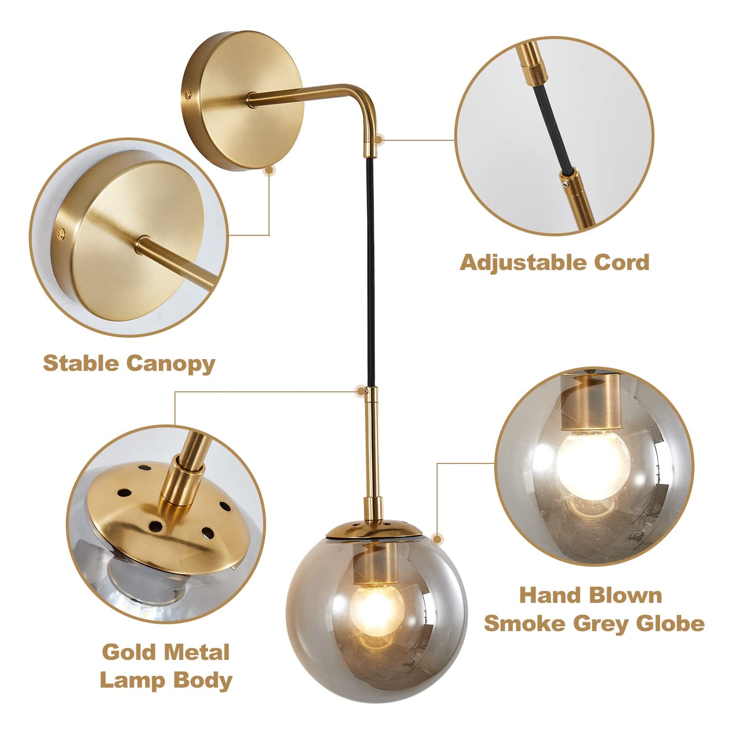 KCO Lighting Modern Glass Globe Wall Sconce Minimalist Gold Wall Mounted Sconce Light with Smoke Grey Lampshade Round Wall Lamp for Bathroom Mirror Bedroom (Smoke Grey-2PC)