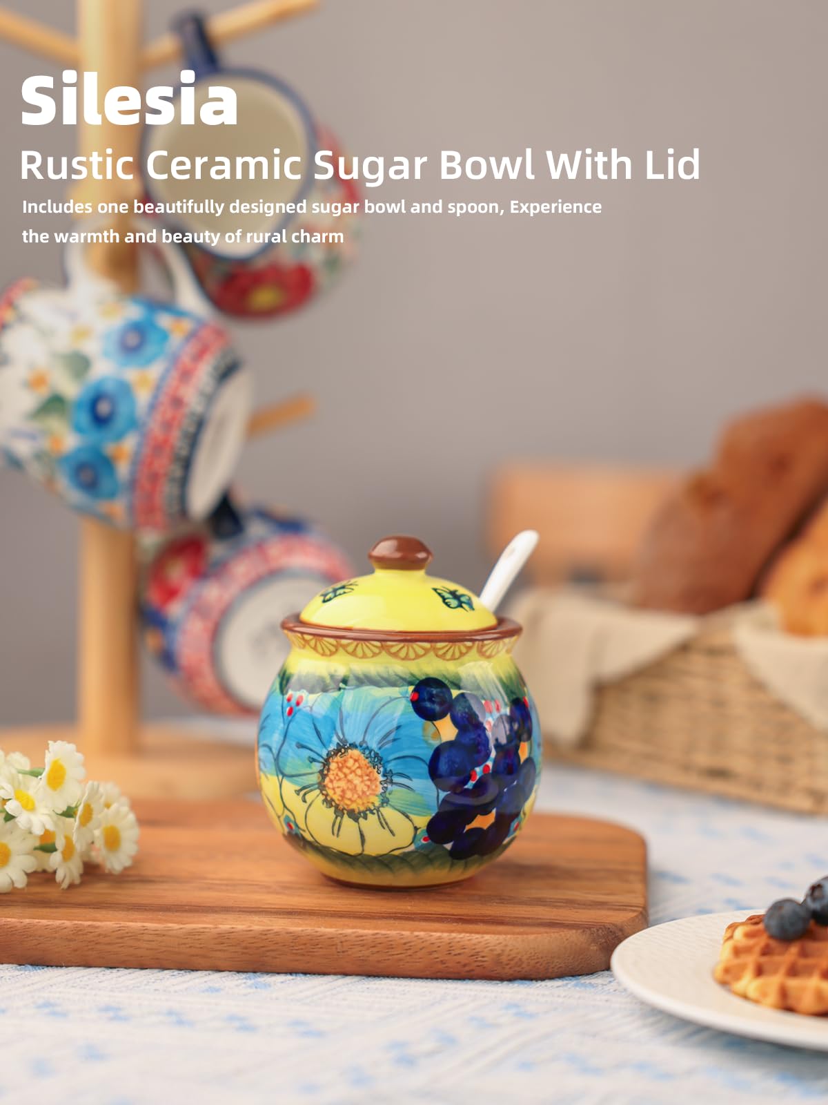 silesia Handmade Sugar Bowl with Lid and Spoon, 8 oz Hand-Painted Ceramic Sugar Jar, Floral Design Seasoning Container for sugar, honey, or spices, Dishwasher Safe (Glazed Yellow)