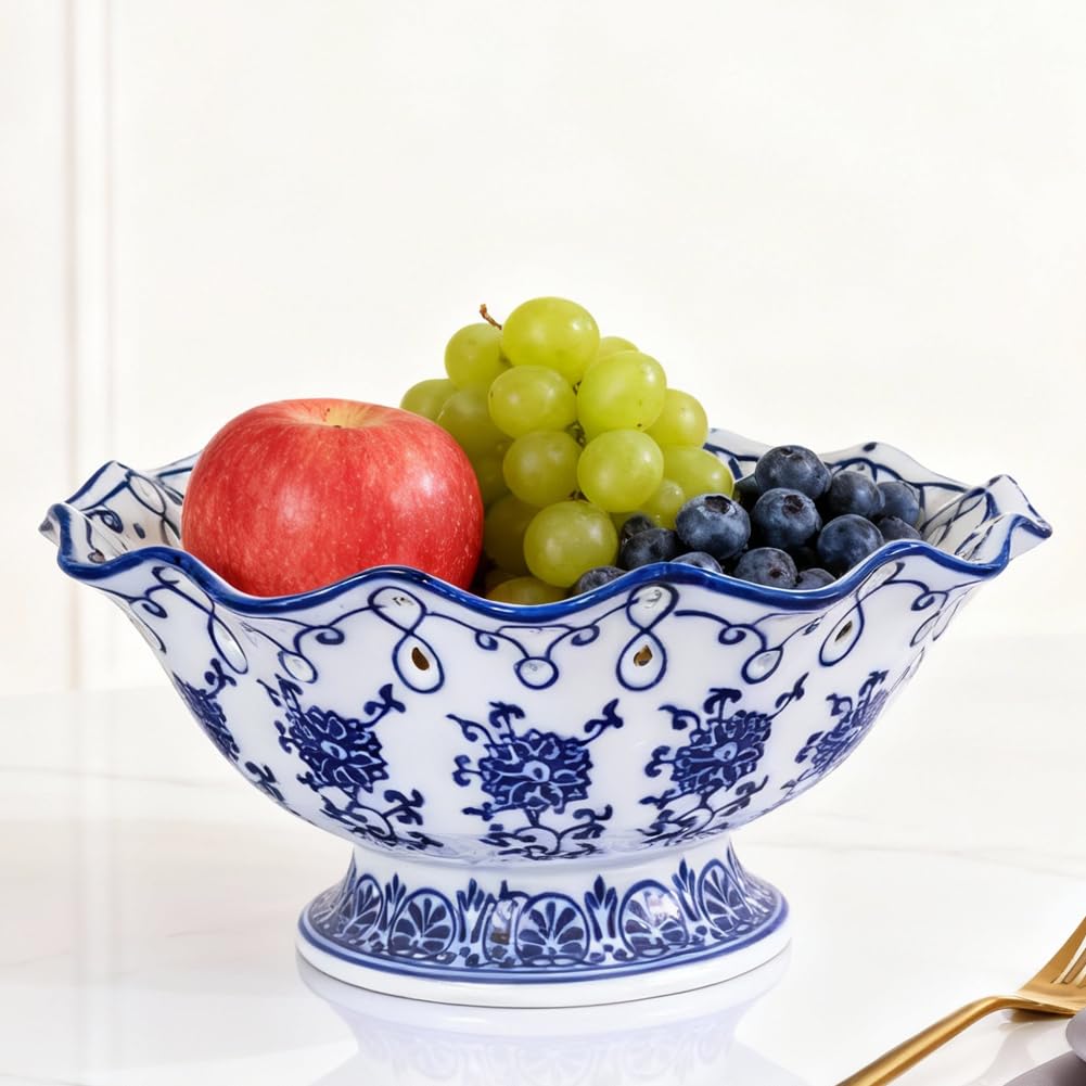 Blue and White Decorative Fruit Bowl for Kitchen Counter - 9.5" Large Ceramic Fruit Pedestal Bowl for Home Table Decor, Blue and White Chinoiserie Floral Decor, Large China Footed Fruits Bowls Basket