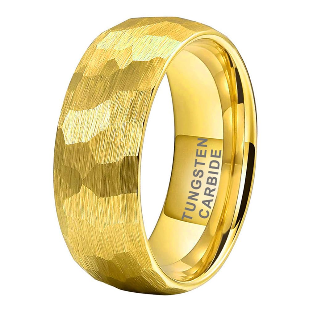 TUTISS 8mm Gold Hammered Tungsten Rings for Men Women Engagement Wedding Bands Domed Matte Finish Comfort Fit Size 15