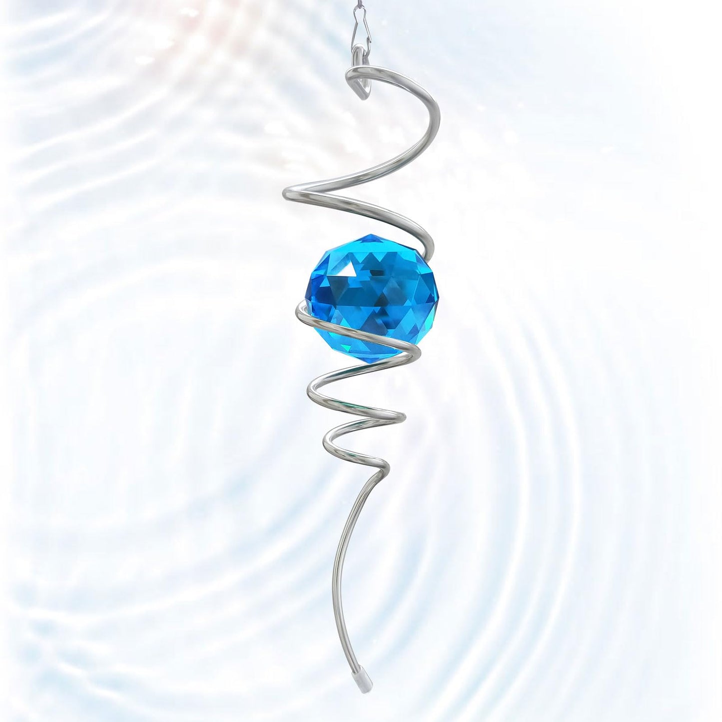 Eiryhope Gazing Ball Spiral Tail, Wind Spinner Spiral Peacock Blue Crystal Orb with Swivel Hook, Sun Catcher Rainbow Maker Hanging Decor for Yard Garden Rotating Art Ornaments Great Gifts 13" Height