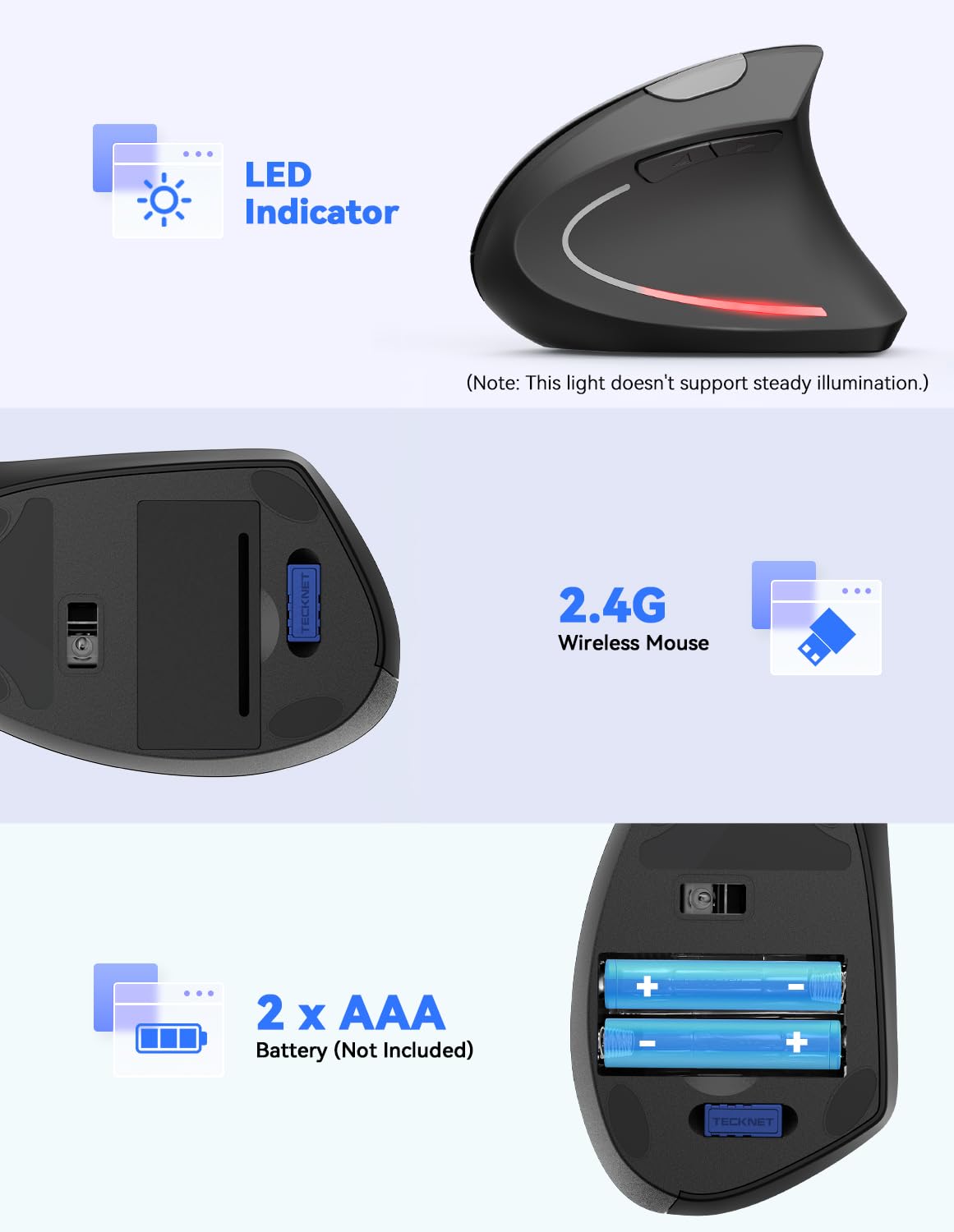 TECKNET Ergonomic Mouse, 4800DPI Wireless Vertical Mouse 6-Button Silent Mice with 5 Adjustable Levels DPI, USB Receiver, 2.4G Cordless Computer Mouse Optical Wireless Mouse for Laptop, PC, Mac