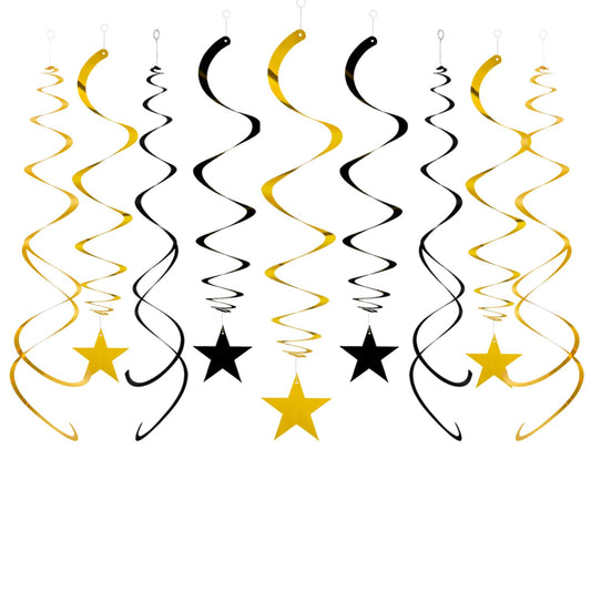 Capesaro Black Gold Star Hanging Swirl Decorations,Foil Streamers Ceiling Hanging Whirls Party Decorations,Pack of 20