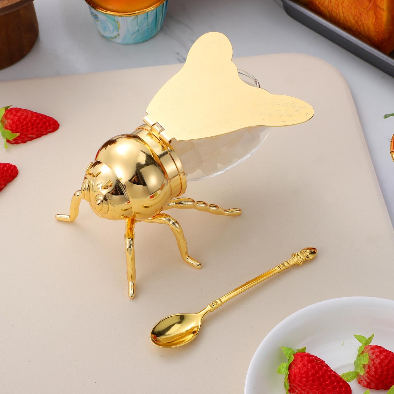 IMIKEYA Bee Honey Jar, Decorative Bee Shaped Honey Pot Bee Figurine Glass Honey Container Syrup Dispenser Crystal Condiment Pot Sugar Holder Bowl for Kitchen Home