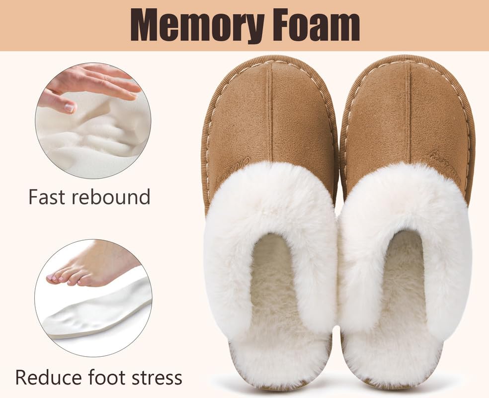 Misolin Womens Slipper Memory Foam Fluffy Slip-on House Suede Fur Lined/Anti-Skid Sole, Indoor & Outdoor Light Brown 5.5/6.5 UK, Light Brown