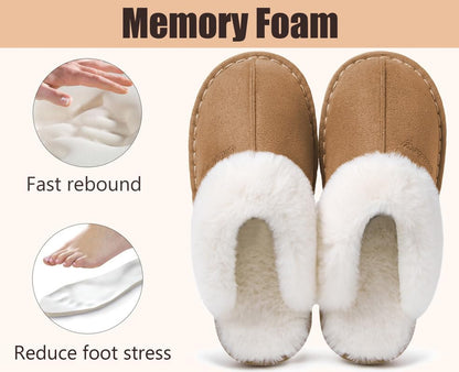 Misolin Womens Slipper Memory Foam Fluffy Slip-on House Suede Fur Lined/Anti-Skid Sole, Indoor & Outdoor Light Brown 5.5/6.5 UK, Light Brown